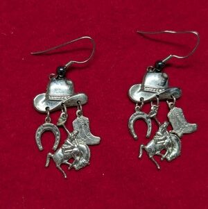 Silver Western Charm Earrings Cowboy Horseshoe Lucky Boot Vintage Costume